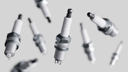 Depth of field render of the spark plugs with a selective focus. Ignition system concept. Ceramic spark for internal combustion engine. Air-fuel mixture ignition in the combustion chamber. - obrazy, fototapety, plakaty