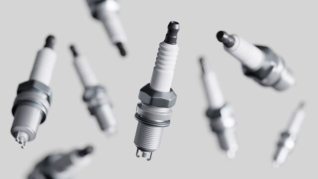 Depth of field render of the spark plugs with a selective focus. Ignition system concept. Ceramic spark for internal combustion engine. Air-fuel mixture ignition in the combustion chamber.