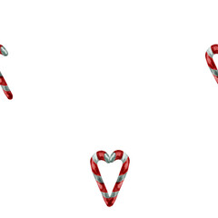 Watercolor pattern of traditional Christmas candies in the shape of a heart on a white background, sweet white and red heart