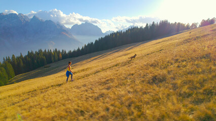 Fototapeta na wymiar AERIAL: Picturesque mountain landscape where fit young lady is walking her dog