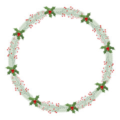 Christmas wreath made of fir branches, with red flowers and red berries, with a place for text. Flat vector illustration.