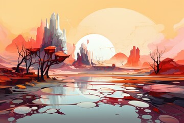 An abstract depiction of a fantastical landscape in the form of a digital art painting. Generative AI