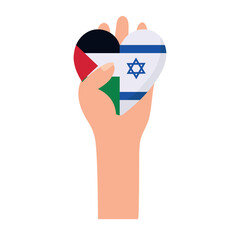 israel and palestine flags in heart with hand