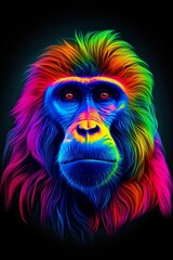 Baboon in abstract, graphic highlighters lines rainbow ultra-bright neon artistic portrait | Generative AI