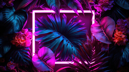 Creative fluorescent color layout made of tropical leaves with neon light square. Generative AI