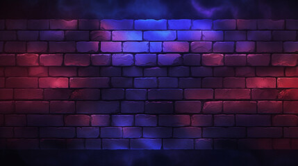 Mur en briques avec reflet de lumières de couleur rouge et bleu. Ambiance festif, club, boîte de nuit. Fond pour conception et création graphique. - obrazy, fototapety, plakaty