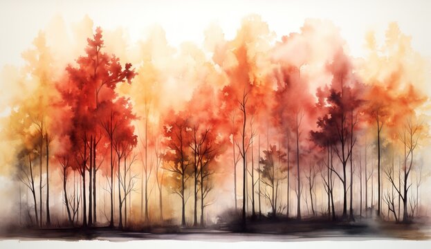 Watercolor style illustration of autumnal forest