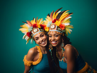 Obraz premium Authentic Brazilian Carnival Costumes: Vibrant Stock Photography with Young Women in Studio Poses
