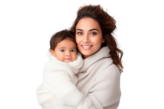 Latina mother holding her baby boy posing on white transparent background