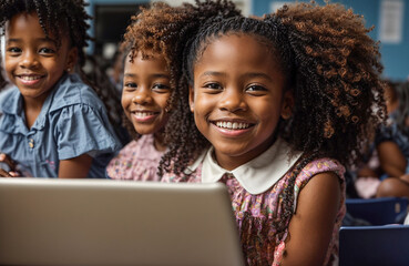 Happy African American girl at school with laptop