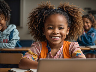 Happy African American girl at school with laptop