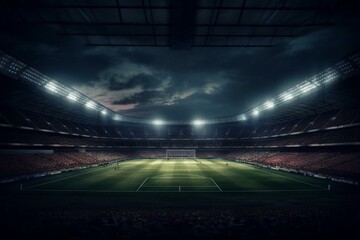 Fototapeta na wymiar lit soccer stadium in the dark. Digital image. Generative AI