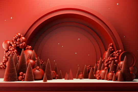 3d render of christmas background with red balls and fir trees, AI Generated