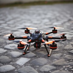 A drone with a photo and video camera flies between buildings in the city.