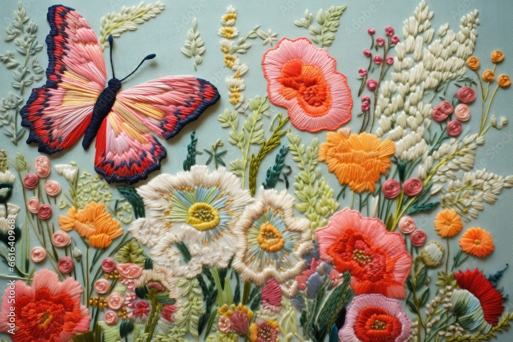 Poster Fabric stumpwork embroidery of butterfly fluttering among flowers.