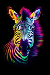 Zebra in abstract, graphic highlighters lines rainbow ultra-bright neon artistic portrait | Generative AI