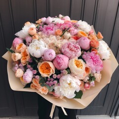 Giant huge bouquet of peonies and peony - shaped roses.