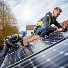 Rooftop Installation, Skilled Workers Fitting Panels into Place generetive AI