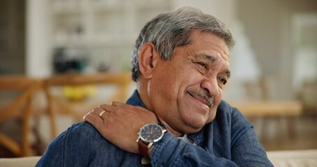 Home, shoulder pain and senior man with injury, inflammation and broken with accident. Pensioner, old person and elderly guy with health problem, apartment and bruise with massage, joint and anatomy