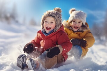 Kids winter vacation time in winter, carefree childhood, happy time , having fun in the snow, sledding, sculpting a snowman, playing in nature, joy and fun , children spend time together .