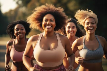 Group of plus size black women running city street