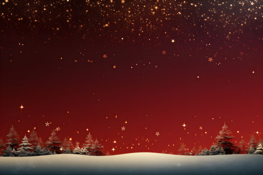 Christmas background with snow covered trees and snowflakes on red background, AI Generated