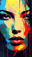 A Beautiful Womans Face Splatter Vibrant Colors on Canvas Background