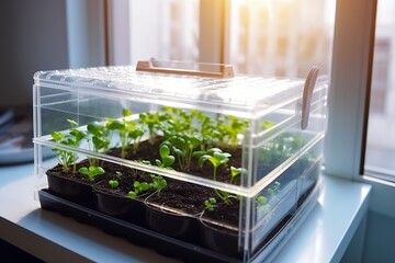 Seedling in mini greenhouse at home, concept of Plant propagation - obrazy, fototapety, plakaty