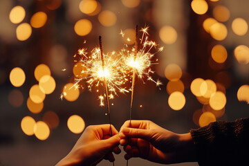 hands holding bengal lights or sparklers on a bokeh background - Powered by Adobe