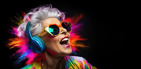 elderly woman listens to music on headphones and sings along, colorful banner with copy space - obrazy, fototapety, plakaty