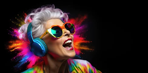 Tuinposter elderly woman listens to music on headphones and sings along, colorful banner with copy space © aninna