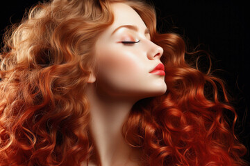 young woman with gorgeous red long curly hair, salon care, profile view