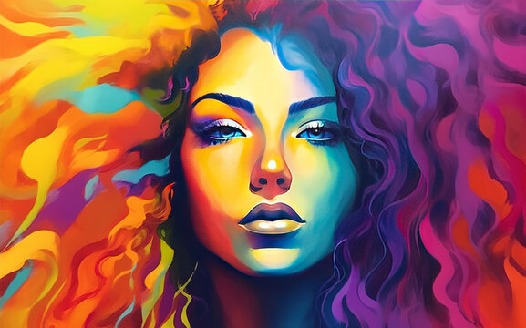 A Beautiful Light Skinned Black Womans Face A Glamorous Work of Art Vivid Colors on Canvas Background