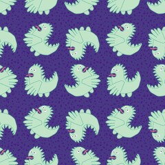 Cartoon retro dragon seamless scribble monsters Middle Ages chicken pattern for Christmas wrapping paper