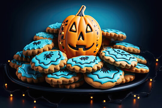 Galletas de halloween con cara de calabaza en tonos azules y naranjas sobre fondo zul