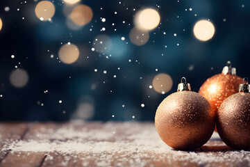 Christmas decoration on wooden table with snow and bokeh background, Ai Generated