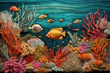 Fototapeta na wymiar Threadwork recreates ocean depths, fabric stumpwork embroidery swims with marine marvels.