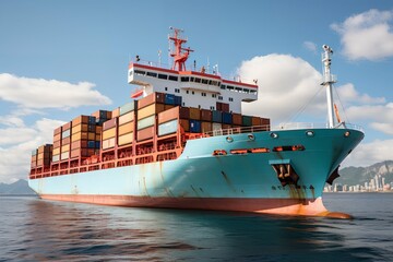 Blue cargo ship with containers