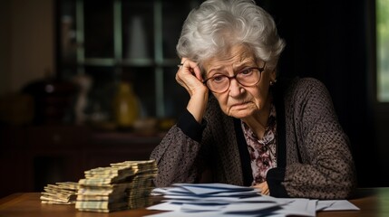 Worried old lady, lack of money in retirement, financial problems and debt - obrazy, fototapety, plakaty