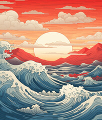 Japanese style illustration with sea
