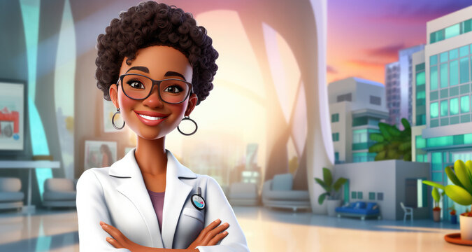 3D Rendered Portrait of a Joyful Black Woman Doctor Against City Backdrop: Ideal for Healthcare & Urban Professional Campaigns