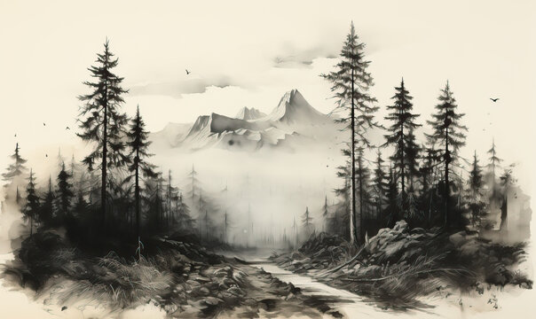 Creative painted landscape in black and white.
