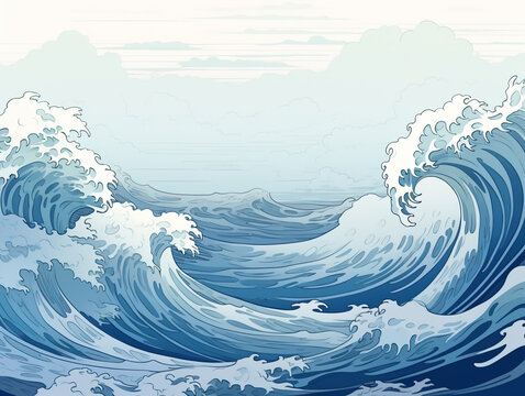 Japanese style illustration with sea