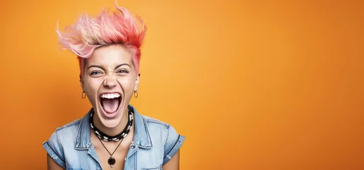 Poster Young woman with colourful dyed hair, punk style, screaming or shouting, surprised look. Wide banner copy space on side. Generative AI © Lubo Ivanko