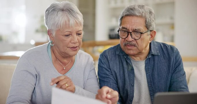 Old couple, laptop and document, bills and taxes online with budget, life insurance and retirement fund. People at home with policy paperwork, savings and asset management, finance and investment