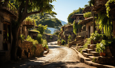 Fototapeta premium Village houses on the street on a summer day. .