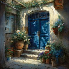 Fototapeta na wymiar vintage blue front door. there are flowers nearby