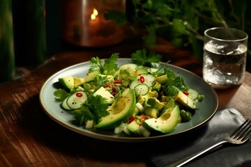 a plate with avocado salad. Generative AI