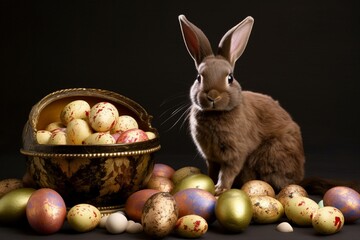 Fototapeta na wymiar Easter eggs and chocolate bunny. Generative AI