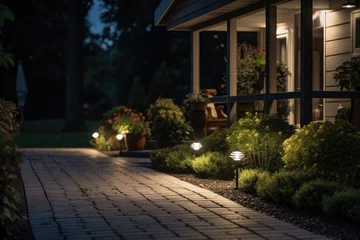 Zelfklevend Fotobehang Tuin Modern gardening landscaping design details. Illuminated pathway in front of residential house. Landscape garden with ambient lighting system installation highlighting flowers plants